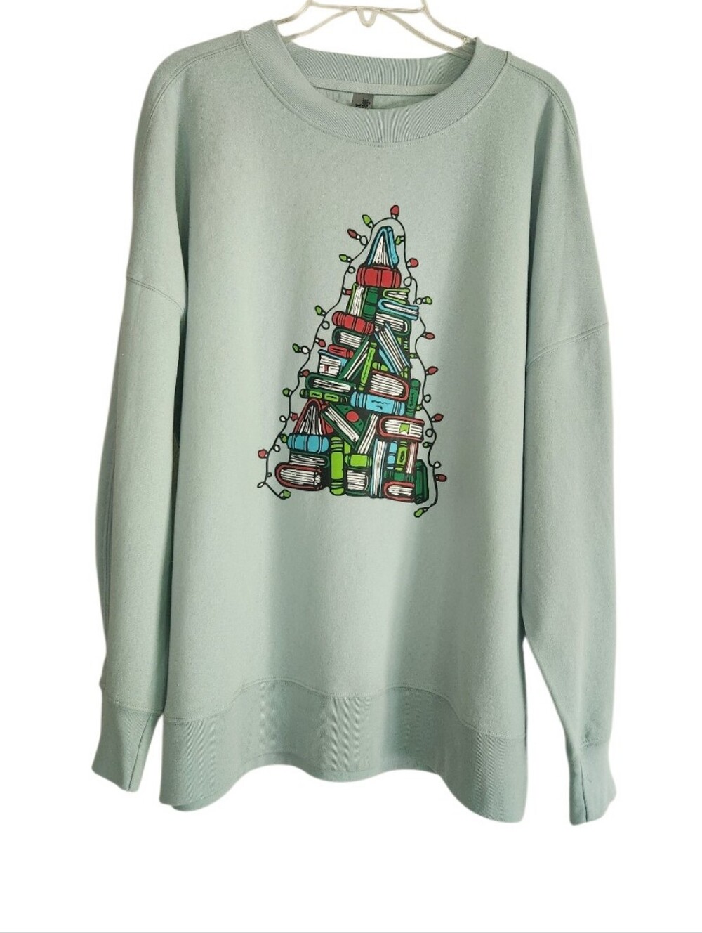 Women’s Light Mint Graphic Book Tree Sweater Sz Med Nwt